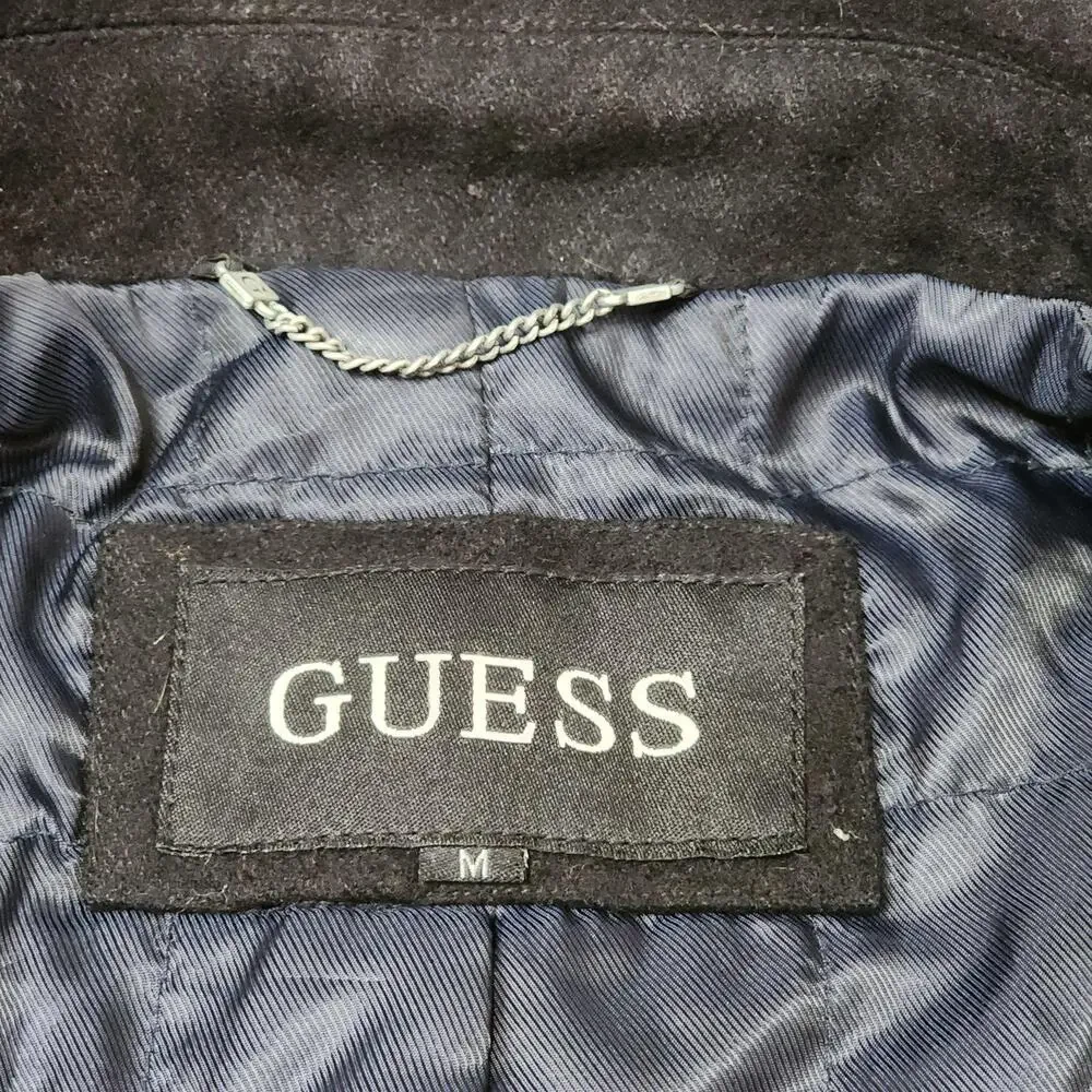 GUESS Pea Coat Mens Medium Black Wool Blend Quilted Double Breasted Winter